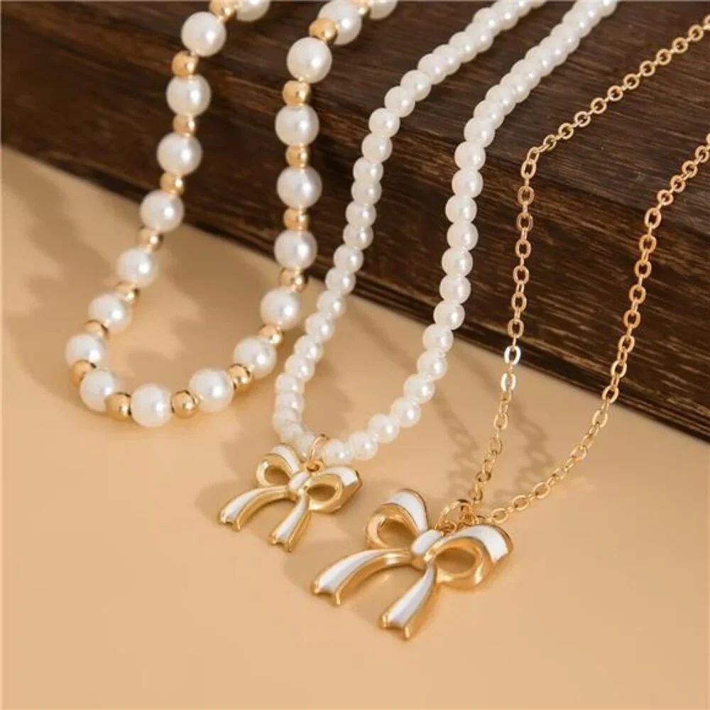 3 Pcs Gold Tone and Faux Pearl Layered Chunky Statement Stackable Necklaces - Picture 2 of 6